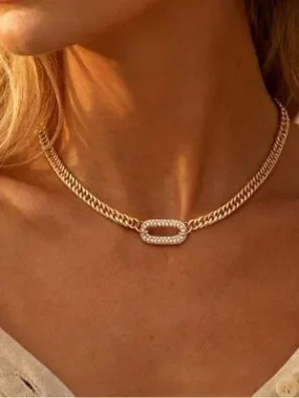 Anthropologie Gold Cubic Link Necklace with Crystal Accent